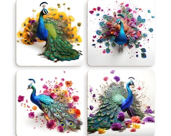 Coaster set, 4  colorful peacock designs digitally printed on cork drink coasters Perfect gift for her or him or as a house warming gift