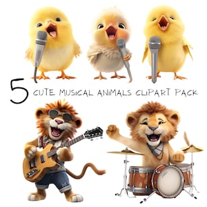 Clipart animal mignon, amusant, musical/clipart PNG transparent pour photos/chambre d'enfant/invitations/autocollants/T-shirts/téléchargement numérique instantané