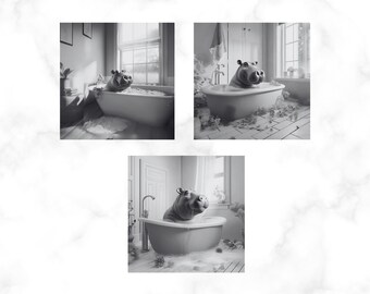 Fun, cute hippo in bath tub Printable Wall Art/Hippo picture /Hippo Art /Bathroom Art /Bathroom accessories /Digital Download/ Mono