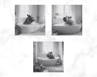 Fun, cute hippo in bath tub Printable Wall Art/Hippo picture /Hippo Art /Bathroom Art /Bathroom accessories /Digital Download/ Mono