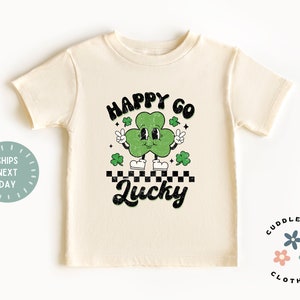 Happy Go Lucky Toddler Kids Shirt - Retro St Patrick&#39;s Day Kids Tee - Cute Lucky Irish Holiday Tee - Gift For Boy Girl - Natural Kids Tee