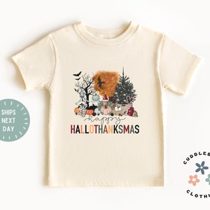 Halloween Kids Shirt - Happy Hallothanksmas Kids Tee - Halloween - Thanksgiving - Christmas - Gift for Girl Boy - Natural Toddler Tee