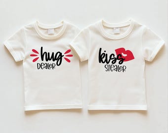 Twins Valentine Kids Tee - Hug Dealer Kiss Stealer Valentines Kids Shirt - Cute Valentines Twin Gift - Cute Toddler Boy Twins Valentines Day