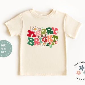 Merry and Bright Christmas Kids Shirt - Retro Flowers Christmas Kids Tee - Cute Toddler Girl Christmas Shirt - Girls Holiday Natural Tee