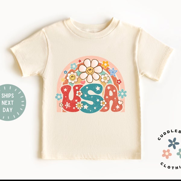 Fourth of July Girls Tee  - Retro Rainbow USA Smiley Face Toddler Shirt - Cute Girls Patriotic Top - Natural kids Shirt