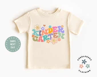 Kindergarten Shirt - Retro Flowers First Day of Kindergarten Tee - Back to School Tee - Kids Natural Shirt - Gift for Girl