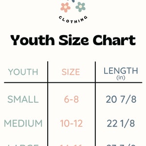 May include: A youth size chart with a table showing sizes and corresponding lengths in inches. The chart is titled "Youth Size Chart" and is from the brand "Cuddlebugs Clothing".