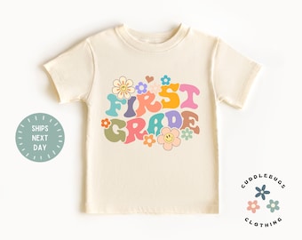 First Grade Shirt - Retro Flowers First Grade School Shirt - Hello 1st Grade - Back to School Tee - First Day of School - Kids Natural Shirt