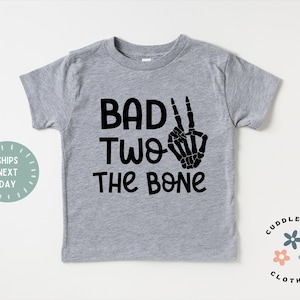 Bad Two The Bone - Two Birthday Shirt - Cute Skeleton Hand Kids Birthday Tee - Second Birthday - 2 Year Old Boy Girl- Gift for Boy Girl