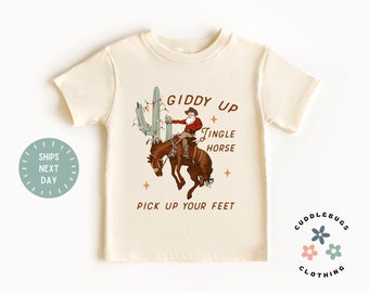 Giddy Up Jingle Horse Kids Christmas Shirt - Vintage Retro Cowboy Santa Holiday Kids Tee - Toddler Boy Girl Gift - Kids Natural Tee