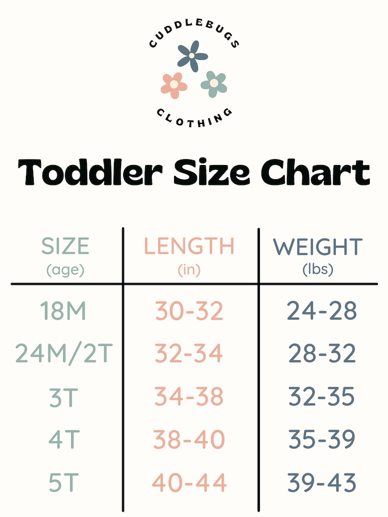 May include: A toddler size chart with a floral logo. The chart shows sizes from 18 months to 5T with corresponding length and weight ranges in inches and pounds.