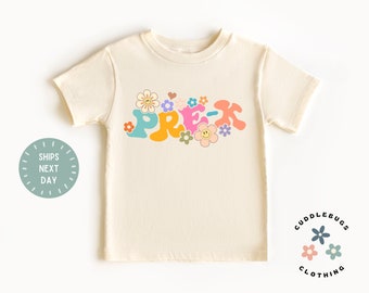 Pre-K School Shirt - Retro Flowers Pre-K Kids Tee - Girls Hello Pre-K - Back to School Shirt - First Day of School - Kids Natural Shirt