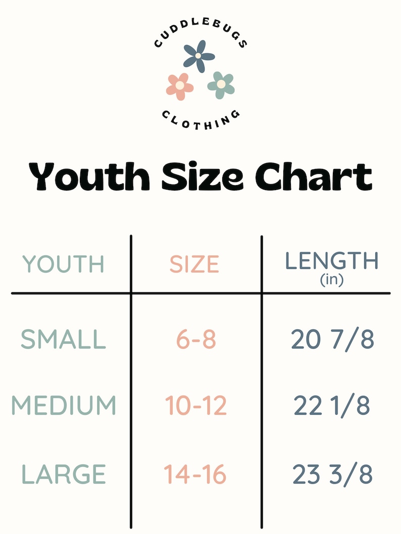 K&ouml;nnte beinhalten: Eine Gr&ouml;&szlig;entabelle f&uuml;r Kinder mit drei Zeilen, die mit "Small", "Medium" und "Large" beschriftet sind. Jede Zeile listet einen Gr&ouml;&szlig;enbereich und die entsprechende L&auml;nge in Zoll auf. Die Tabelle tr&auml;gt den Titel "Youth Size Chart" und zeigt ein Logo mit dem Text "Cuddlebugs Clothing" und drei stilisierten Blumen.