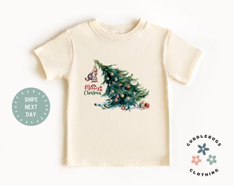 Meowy Christmas Kitty Cat Toddler Shirt - Funny Christmas Kids Tee - Cute Holiday Boy Girl Natural Tee - Cat Lover Shirt - Funny Cat Gift