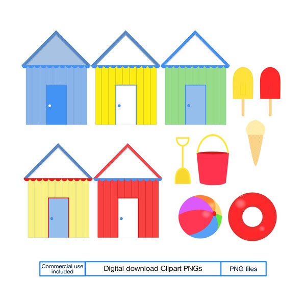 Beach clipart, Beach huts, Beach ball, Ice creams, bucket and spade, Digital download, Seaside clipart, Summer, PNGs,