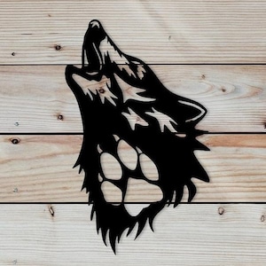 Wunderschöner heulender Wolf mit Pfotenabdruck Detail Metall Wandkunst aus 2mm Stahl & Pulverbeschichtet, Wildtier, Wolf, Wolf, Geschenk, Geschenk