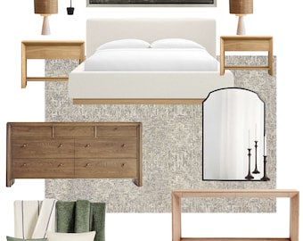 May include: A calm master bedroom design featuring a white bed with a wooden frame, two nightstands with lamps, a dresser, a mirror, a bench, and a rug. The walls are white and the room is decorated with a painting of a landscape.