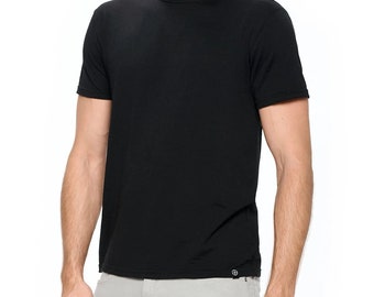 May include: A black short-sleeved t-shirt with a crew neck.