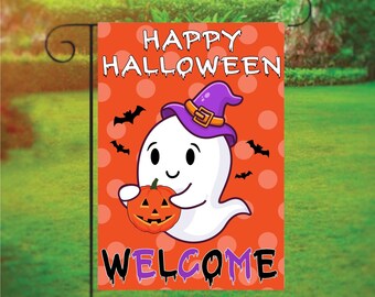 May include: Orange and white Halloween garden flag with a cartoon ghost wearing a purple hat and holding a jack-o-lantern. The flag says "Happy Halloween Welcome" in black dripping letters.