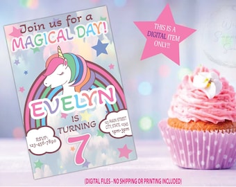 Unicorn Birthday Invitation, Magical Rainbow Party (Digital Download)
