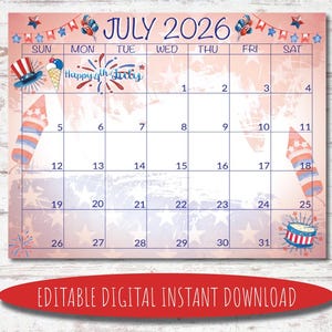 Bearbeitbarer Juli 2026 Kalender | Digitaler Kalender | Druckbarer Kalender | Juli Kalender | Wandkalender Aquarell | Kalender Juli 2026