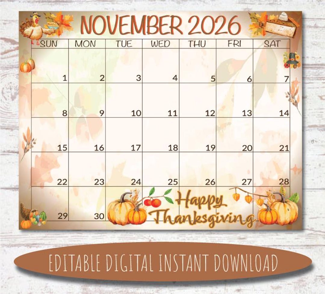 Editable November 2026 Calendar | Watercolor Thanksgiving Theme (digital  Download) - Etsy