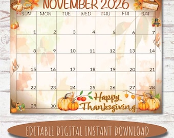 November 2026 Thanksgiving Planner: Editable Printable Calendar ...