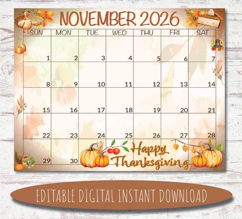 Editable November 2026 Calendar | Watercolor Thanksgiving ...