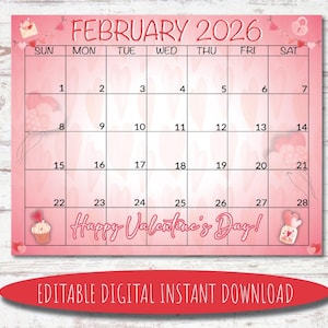 Calendario de febrero de 2026 editable / Calendario digital / Calendario imprimible / Calendario de febrero / Calendario de acuarela / Calendario de febrero de 2026