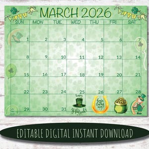 水彩画 2026年3月カレンダー | 聖パトリックの日（デジタルダウンロード）