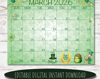 Calendário de março de 2026 em aquarela | Dia de São Patrício (download digital)
