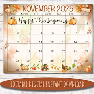 Editable November 2025 Calendar | Digital Calendar | Printable Calendar | November Calendar | Watercolor Calendar | November 2025 Calendar