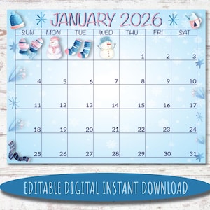 Bearbeitbarer Januar 2026 Kalender | Digitaler Kalender | Druckbarer Kalender | Januar Kalender | Wandkalender Aquarell | Kalender Januar 2026
