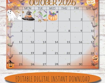 October 2026 Watercolor Calendar | Halloween Theme (Digital Download)