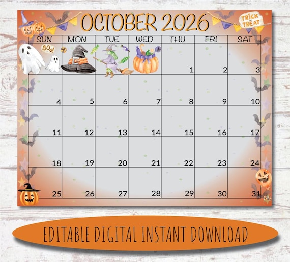 October 2026 Watercolor Calendar | Halloween Theme (digital ...