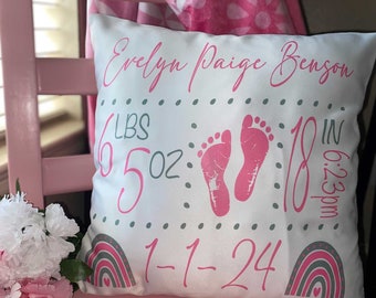 Baby Girl Birth Stat Pillowcase only, Baby Girl Announcement Gift, Girl Nursery Decor, Baby Keepsake Gift for Parents