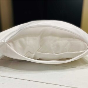 May include: A white pillowcase with a zipper closure. The pillowcase is made of a soft, smooth fabric.
