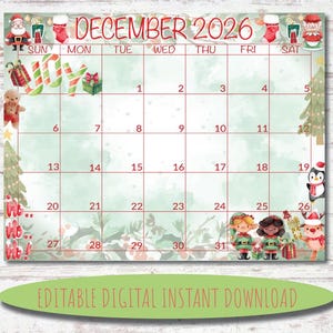 Akvarell decemberkalender 2026 | Redigerbar, utskrivbar (digital nedladdning)