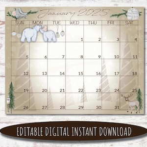 Editable January 2025 Neutral Calendar | Digital Calendar | Printable Calendar | January Calendar | Watercolor Neutral Calendar