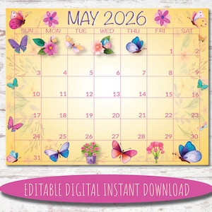 Calendrier mai 2026 aquarelle | Imprimable modifiable (téléchargement numérique)