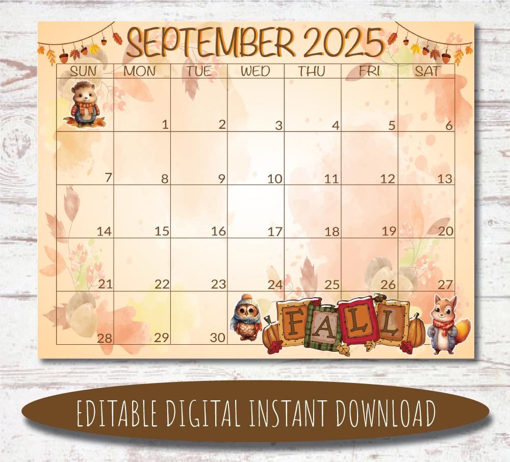 Editable September 2025 Calendar | Digital Calendar | Printable Calendar | September Calendar | Watercolor Calendar | September 2025