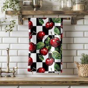Cherry Checkerboard Kitchen Towel, Red Cherry Dish Towel, Retro Fruit Tea Towel, Bold Cherry Hand Towel, Fruit Pattern Kitchen Towel