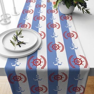 Nautical Stripe Table Runner: Marine Sea Turtle & Anchor Design
