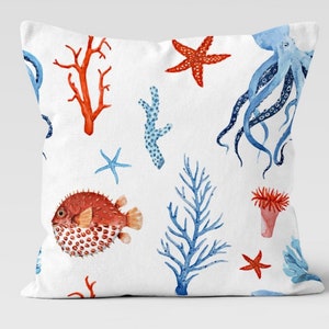 Red Blue Coral, Octopus and Fishes Print  Pillows, Little Cute Fishes Throw Pillow, Nautical Throws, Sea Life Pillow, Beach House Pillowcase