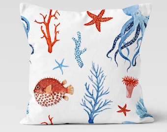 Red Blue Coral, Octopus and Fishes Print  Pillows, Little Cute Fishes Throw Pillow, Nautical Throws, Sea Life Pillow, Beach House Pillowcase