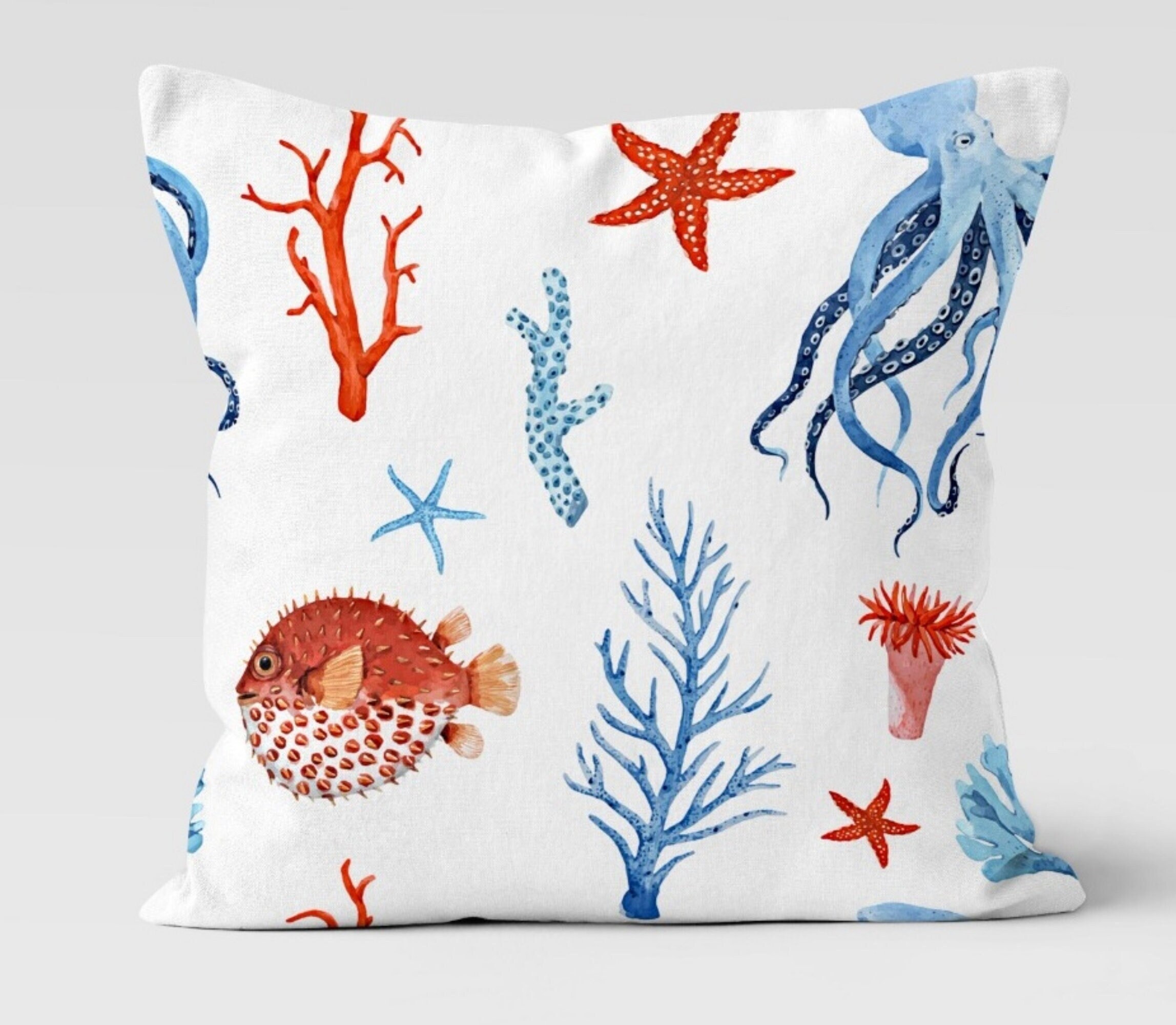 Red Blue Coral, Octopus and Fishes Print Pillows, Little Cute Fishes