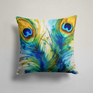 Vibrant Peacock Feather Pillow Cover, Watercolor Peacock Eye Throw Pillow, Modern Glam Peacock Feather Cushion, Exotic Feather Print Pillow