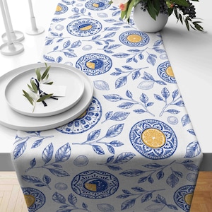 Blue and White Citrus Table Runner, Elegant Botanical Table Runner, Mediterranean Lemon Grove Table Runner, Lemon Patterned Table Top