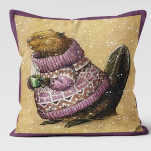 Almohada acogedora de castor, adorable almohada decorativa de castor, almohada con ilustración de castor dibujada a mano, funda de almohada con estampado animal, cojín de castor caprichoso