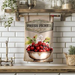 Fresh Picked Cherries Kitchen Towel, ustic Fruit Hand Towel, Vintage Style Dish Towel, Cherry Checkerboard Kitchen Towel, Cherry towel
